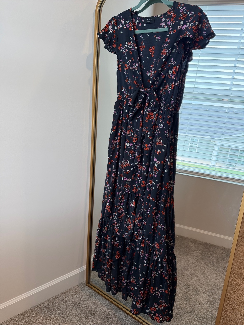 Vici Navy Maxi Dress with Red & Pink Floral Print